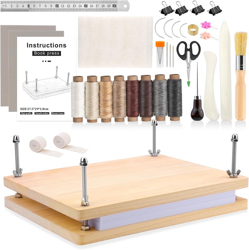 ZMAAGG Book Binding Kits, 14.8 x 11.4 Inch Book Press, 36 PCS Books Making Kit with Wax Thread, Bone Folder, Awl, Large Eye Needles for Beginner DIY - Image 1